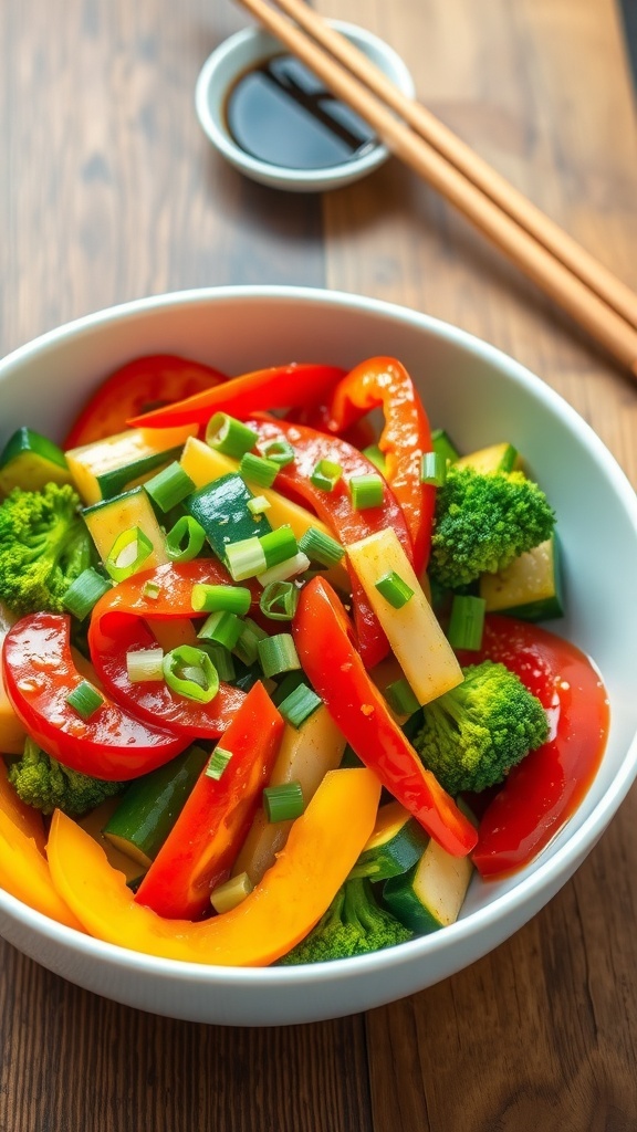 A colorful zero carb vegetarian stir-fry with bell peppers, zucchini, and broccoli in a white bowl, garnished with green onions.